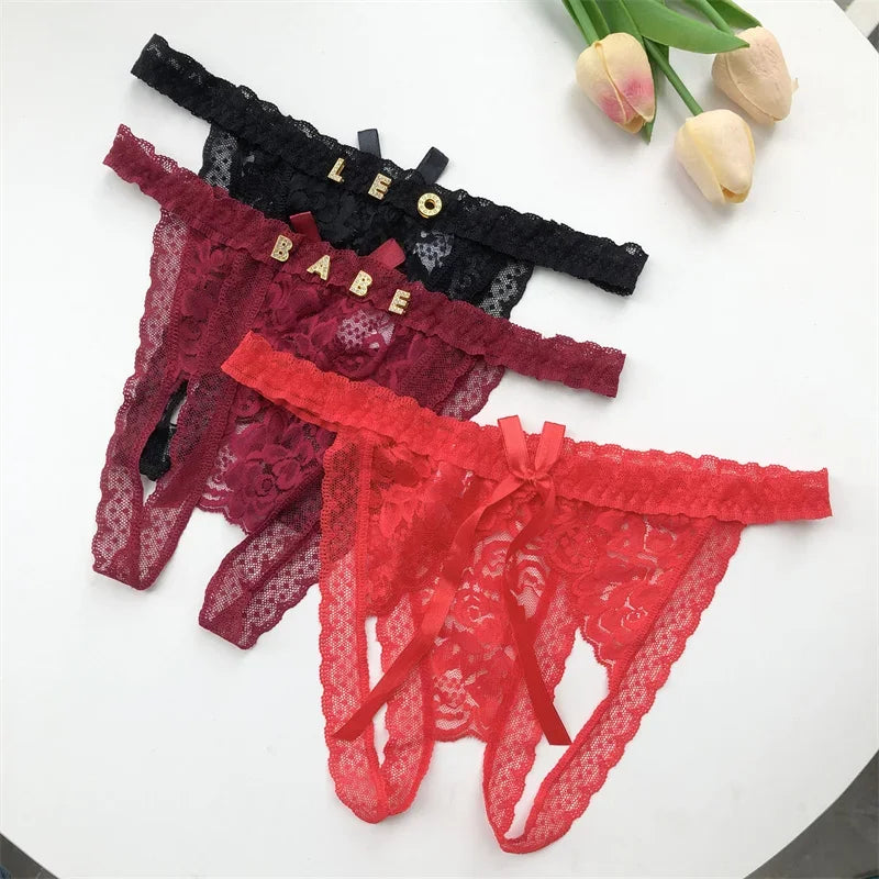 Customized Crystal Name Letters Women's Sexy Breathable Lace Underwear Low Waisted Opening Thong Bikini Erotic G-String Panties