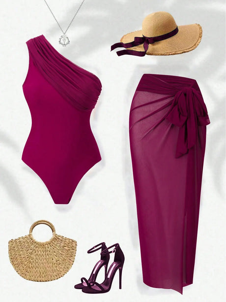 Vintage Purple Long Skirts Swimwear Sets Women One Shoulder Slim Holiday One Piece Swimsuit 2026 Beach Bathing Suit Monokini