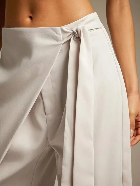 Women High Waist Wide Leg Pants Loose Wrap Tie Knot Asymmetric Pleated Trousers Beach Casual Bottoms
