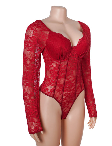 Women Sexy Lace Long Sleeve Bodysuit Underwire Square V Neck Open Crotch Clubwear Top Plus Size Snap Closure Teddy Lingerie