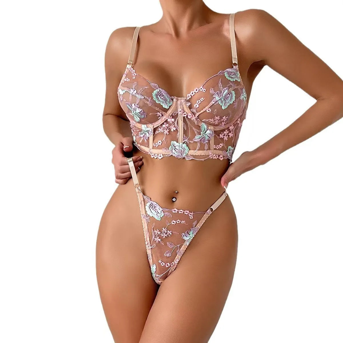 Floral Lingerie Set PushUp Bra Thong Sheer Mesh Underwear Breathable Lace Bralette Kits for Women
