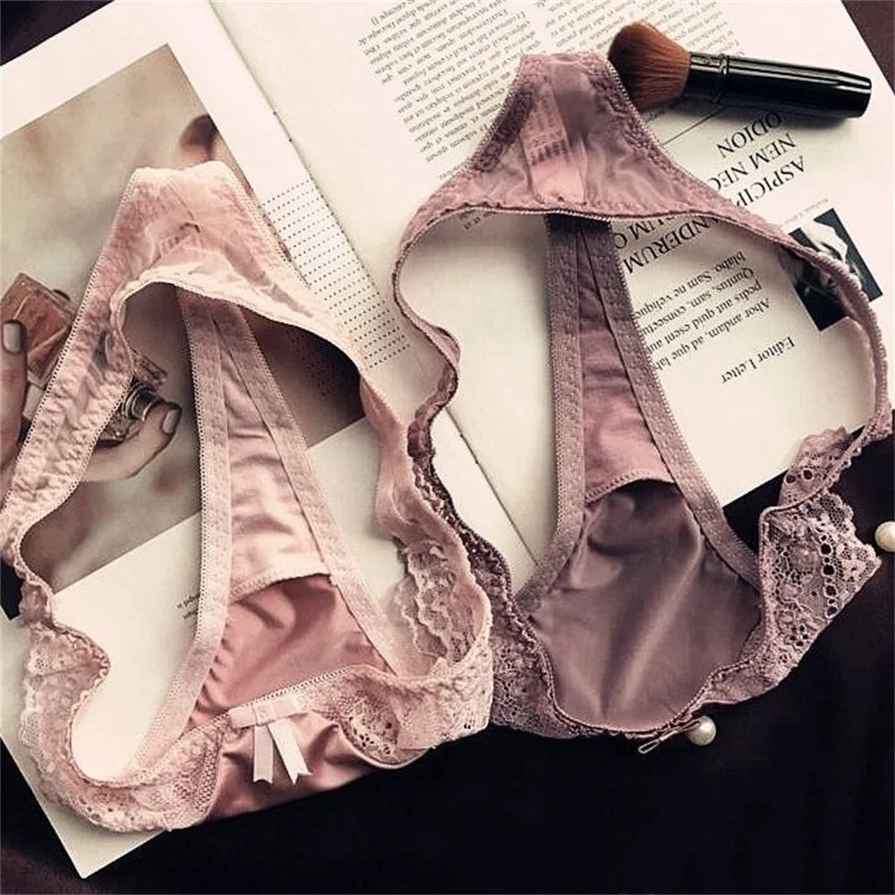 Hollow Lace Sexy Glossy Satin Silk Smooth Thong Women Sexy Low Waist G-string Underwear Bow Seamless Lingerie