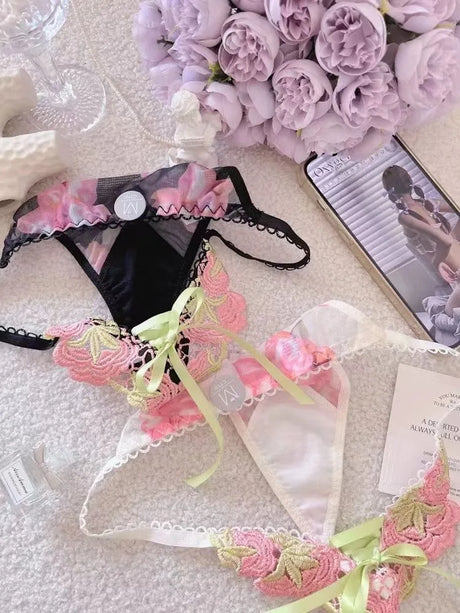 Women Underwear Sexy Lace Strap Embroidery Hollowed Out Seamless Lingerie Adjustable Thong See Through Lace Thongs Panties