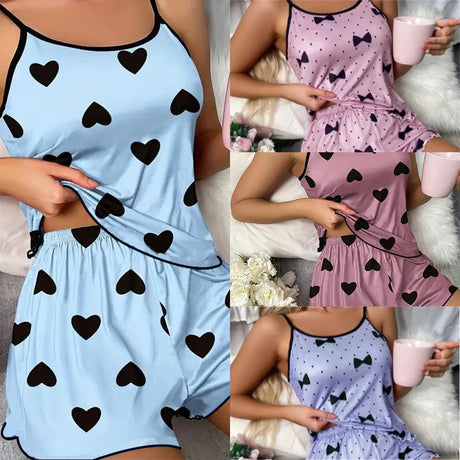 Women's Pajama Set Pajamas T-Shirts Shorts Pink Heart-Shaped Print Round Neck T-Shirt Ice Silk Top Comfortable Casual Summer 