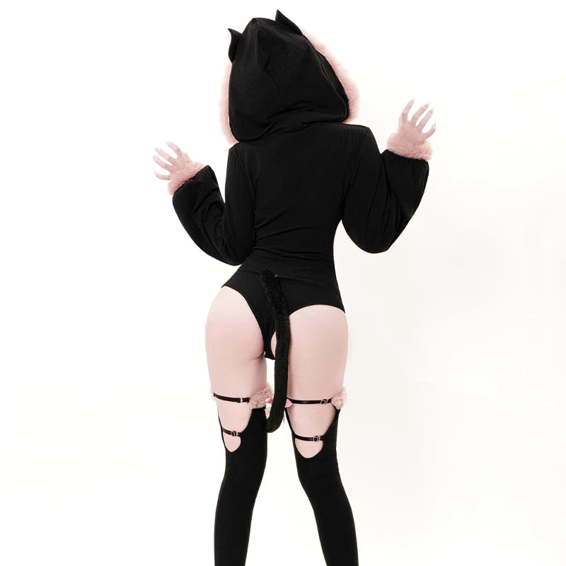 SENMHS Original Japanese Sweet Lolita Cat Girl Cosplay Set Women Kawaii Cat Paw Bikini with Hooded Bodysuit Photo Shoot Hallowee
