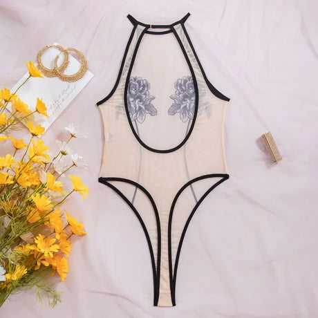 Toucheart Erotic Bodysuit Women's Printed Mesh Jumpsuit Sexy Intimate Hollow See-through Backless One-piece Underwear for Women