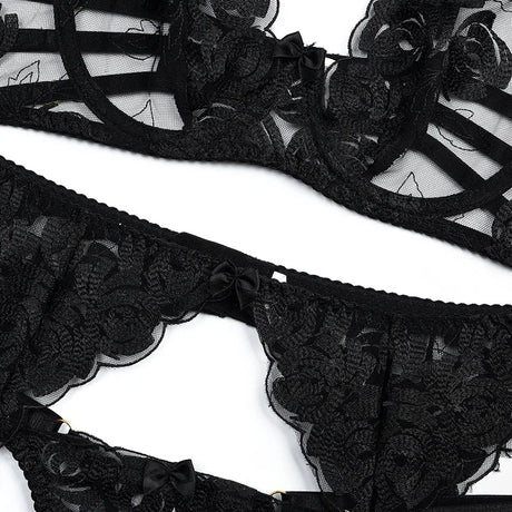 Luxury Floral Embroidery Lace Women's Lingerie Sets Seductive Jewel Strap Sheer Push Up Bra Panty Garter Belt 3PC Sexy Underwear