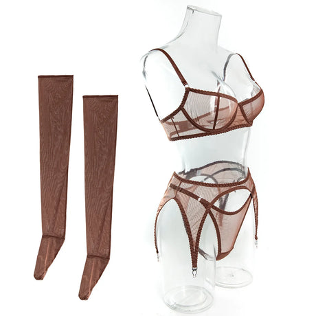 Ellolace Solid Lingeries Sexy Hot Sissy See Through Mesh Bra 3PC Set with Stockings Tempted Underwear Fancy Erotic Clubwear