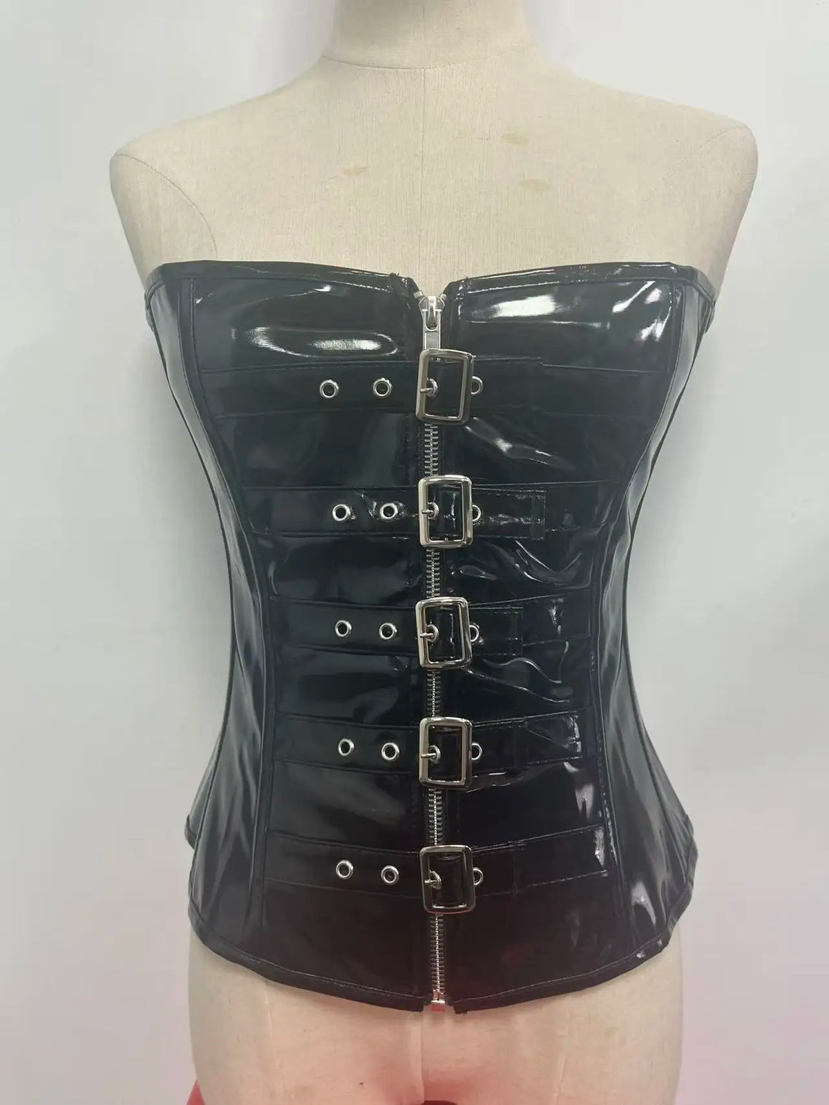 Women's Black PVC Leather Corset Women Sexy Front Zip and Buckle Closure Overbust Bustier Fetish Rock Gothic Steampunk Corselet