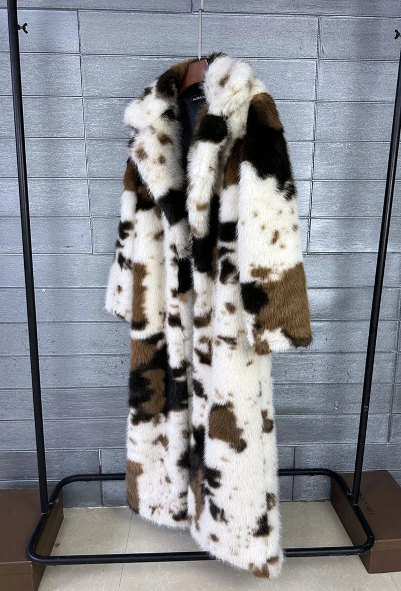 ZADORIN 130cm Long Thicken Lapel Cow Print White Brown Faux Fur Coat Woman Clothing Luxury Fluffy Jacket Winter Fur Coats Woman