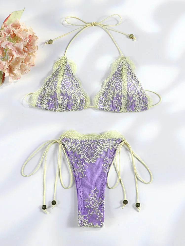 Sexy Hollow Lace Bikinis Patchwork Swimsuit Women Bathing Suits Bandage Swimwear Mujer Beachwear Triangle Bikini Set