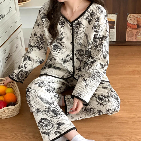 Thickened Air Cotton Sleepwear Set for Women Autumn Winter Polka Dot Home Clothes Korean Style Cute Girl Long Sleeve V-Neck