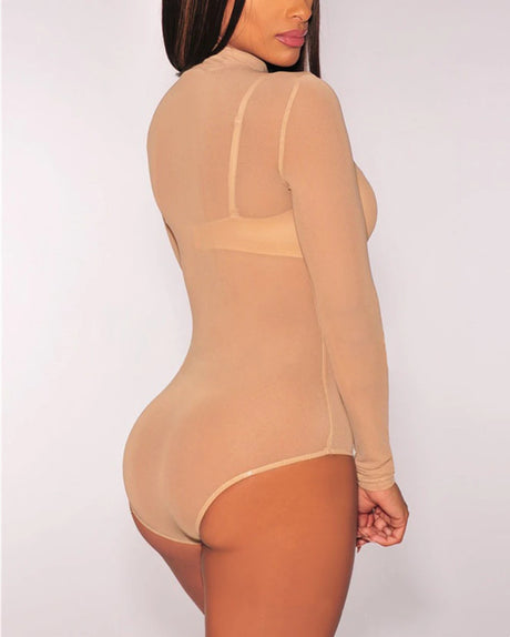 Sexy Women T Shirt See Through Mesh Black Long Sleeve Bodysuit Sheer Slim Turtleneck Tulle Crop Top T-Shirt Transparent Clubwear