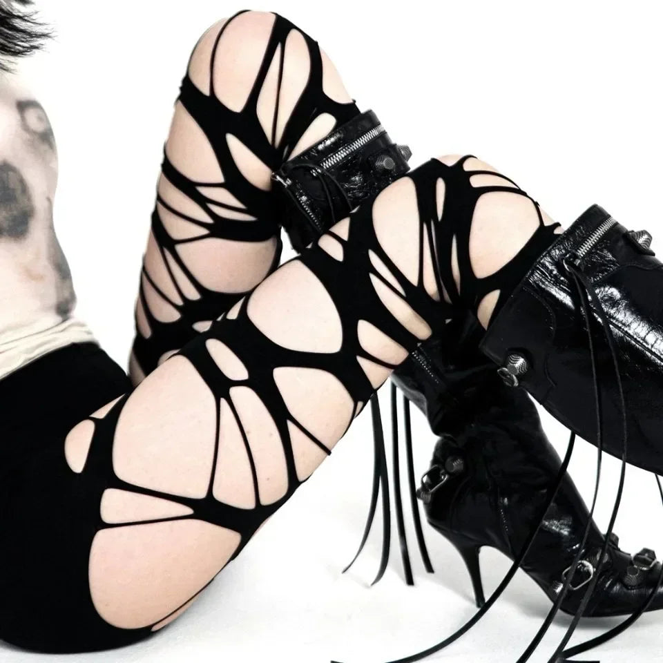 Punk Hollow Fishnet Stockings for Women Spider Web Torn Strap Holes Tights Girls Lolita Ragged Pantyhose Party Socks Pantyhose