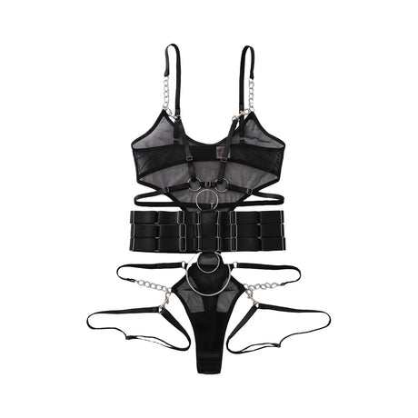 Edgy Cutout Sheer Mesh Lingerie Statement-Making Bondage Belt Bodysuit Set Adult Shapewear Collection LG-0068