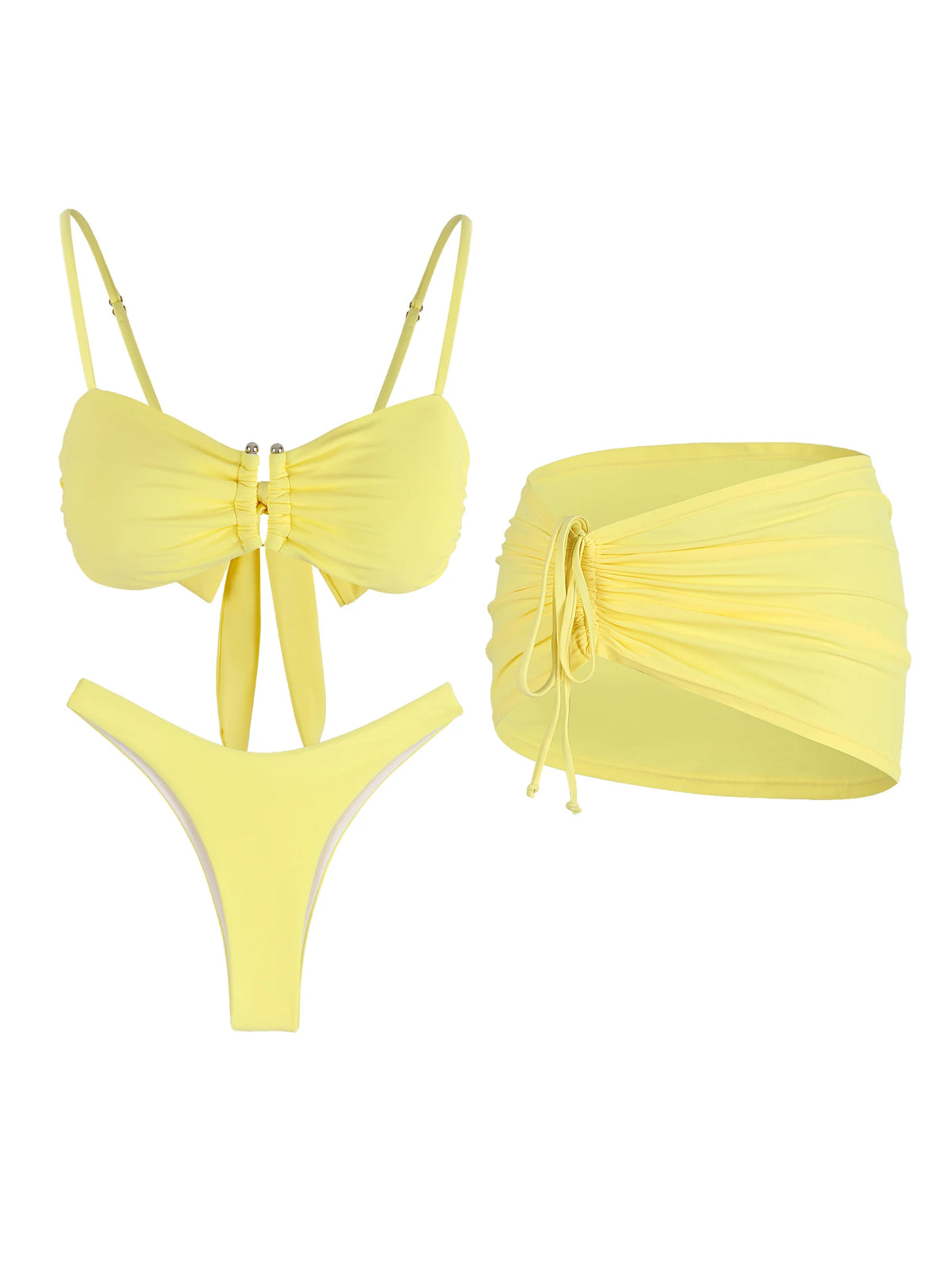 Butter Yellow 3 Piece Bikini Drawstring Ruffle Swimsuit U Neck Bathing Suit with Mini Skirt Cover Up Beach Vacation Outfit K246