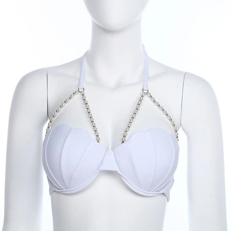 Women Shiny Bikini Bra Top Halter Neck Sheel Mermaid Swimwear Bead Chains Padded Bra Swim Tops Hawaii Beach Party Bathing Suit