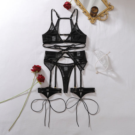 Sexy hot Lingеrie Fashionable hollow-out sheer mesh tie-up shaping slim sexy three-piece lingerie set, four-piece ensemble
