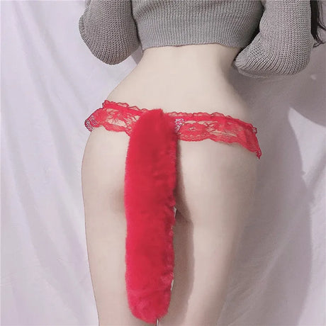 Fox Tail Rabbit Tail Cute Sexy Lingerie Underwear Plush Pearl G String Kawaii Female Pearl Thong Briefs Panties