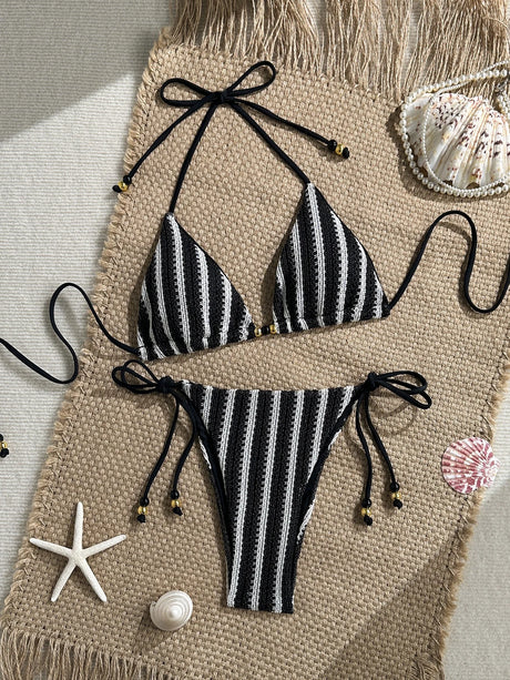Pink Striped Print Halter String Triangle Bikinis Sets Micro Thong Sexy Swimsuit Women 2026 Ladies Swimwear Bead Bikini Bather