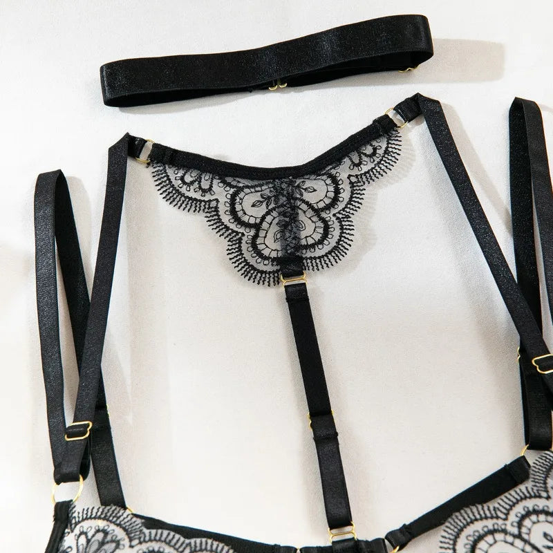 Sexy Lace Lingerie Set With Garter Belt Eyelash Underwire Bra Nude Illusion Strappy Sensual Costume Exotic Underwear Party Club