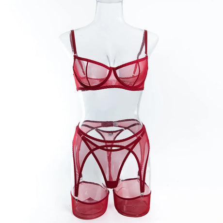 Ellolace Solid Lingeries Sexy Hot Sissy See Through Mesh Bra 3PC Set with Stockings Tempted Underwear Fancy Erotic Clubwear