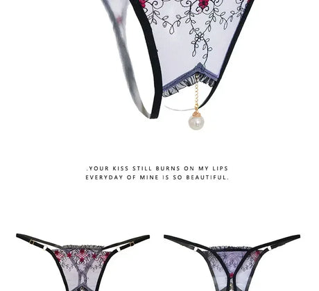Women Sexy Crotchless Thong with Pearl Pendant Lace Embroidery Transparent G-string Tanga Underwear Lingerie