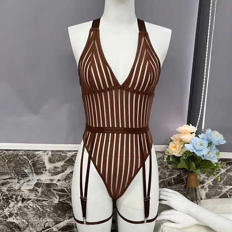 Sexy Lingerie Strip See Through Bodysuit Deep-V Halter Erotic Costumes Backless Jumpsuit Suspenders Underwear Women Garter 2024