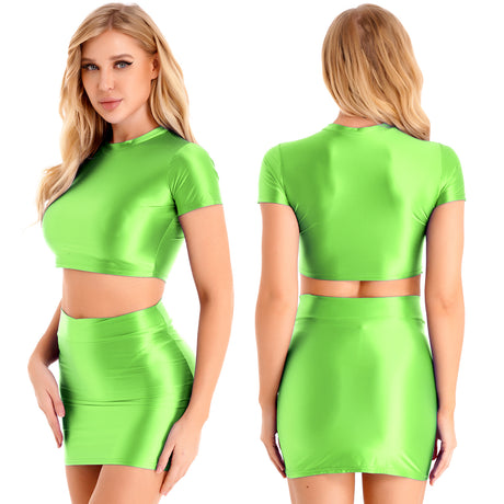 Womens Glossy Two-piece Outfit Oil Shiny Smooth High Waist Mini Skirt with Tank Top Nightclub Rave Outfit Pole Dancing Clubwear