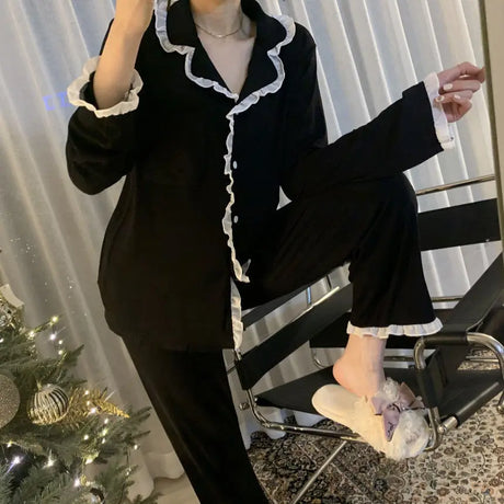 2Pcs/set Women's Nightwear Sexy Lace Long Sleeve Long Pants Simple Black Autumn and Winter Cardigan Young Girls Clothes Womens