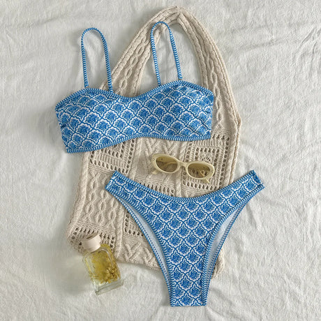 Sexy Bandeau Bikini Women Green Floral Pleate Push Up Padded Thong Swimsuit Summer Bathing Suit Two Piece Swimwear Biquini