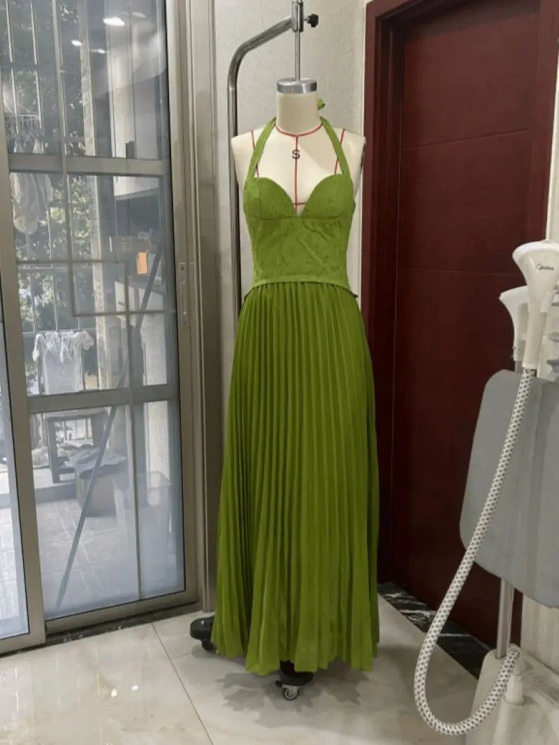 Elegant Women's Halter Long Dress Corset Pleated Dresses Evening Party Formal Wedding Guest Green Graduation Bridesmaid Gown New