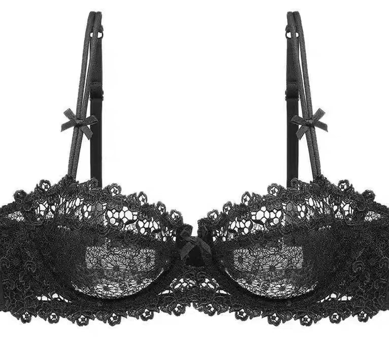 European Lace Bra Set Ultra-Thin Semi-Transparent, Half Cup Pure Desire Bras for Small Chest, Anti-Sagging Comfortable Underwear