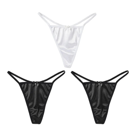 1/3Pcs Women Satin Thong Underwear Sexy Low Waist Bow G-string Cotton Crotch T-back Panties M-2XL