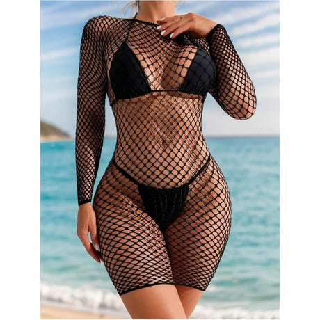 Women Wedding Night Black Dress Mini Dress Sexy Hollow Out Fishnet Cover Up Long Sleeve Sheer Mesh Beach Dress Coverups