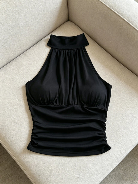 Women Beaded High Neck Halter Sleeveless Top Side Ruched Slim Fit Solid Black Crop Tank Top 2026 Summer Gothic Streetwear Club P