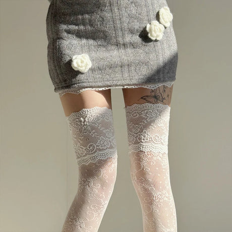 Women Fishnets Stockings Sexy Lace Fishnet Floral Knee High Socks Breathable Hollow-out JK Mesh Lolita Retro Thigh Highs Socks