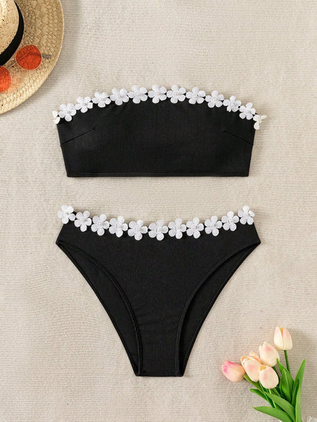 Sexy 3D White Flower Bandeau Push Up Bikini Swimwear Women Bikinis 2 Piece Swimsuit Bathing Suit Biquini Maillot De Bain Femme