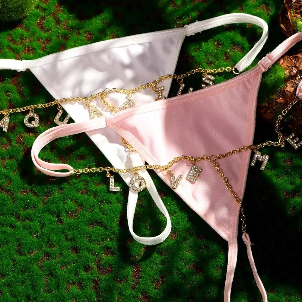 Sexy Women Custom Thong with Letter Metal 12 Constellations Body Waist Chain Jewelry Panties Girl Personalize Underwear Gift