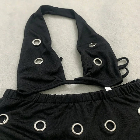 Personality Leisure Vacation Black Metal Design Swimsuit Suit Beach Joker Swimsuit Fashion Sexy Triangle Shorts Bikini Top