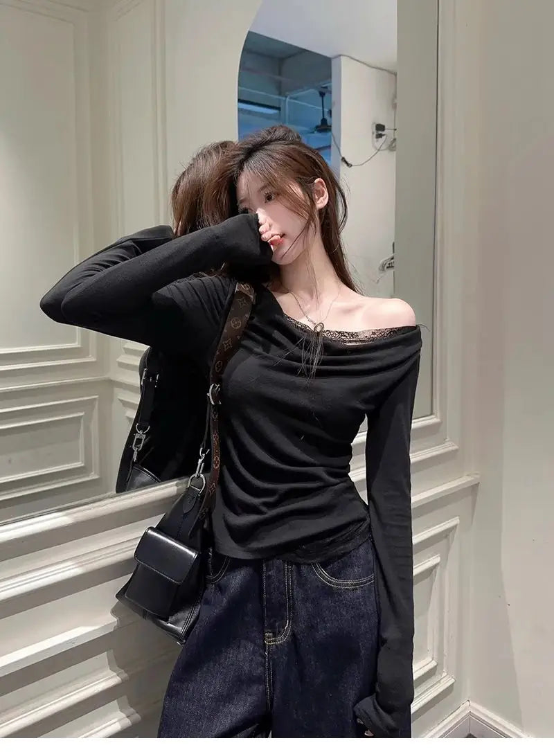 Lace Splice Asymmetrical Shoulder Long Sleeve T-Shirt Women's Slim Fit White Top for Autumn Winter Commute Casual Wear