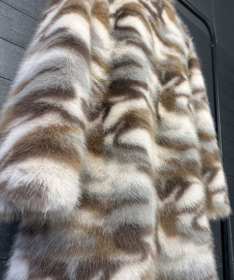 ZADORIN 130cm Long Thicken Lapel Cow Print White Brown Faux Fur Coat Woman Clothing Luxury Fluffy Jacket Winter Fur Coats Woman