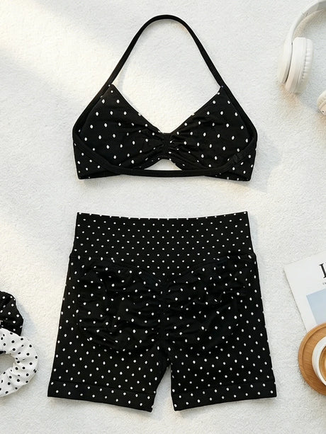 Polka Dot Yoga Set Halter Sports Bra High Waist Booty Shorts Push Up Gym Outfit for Running Fitness