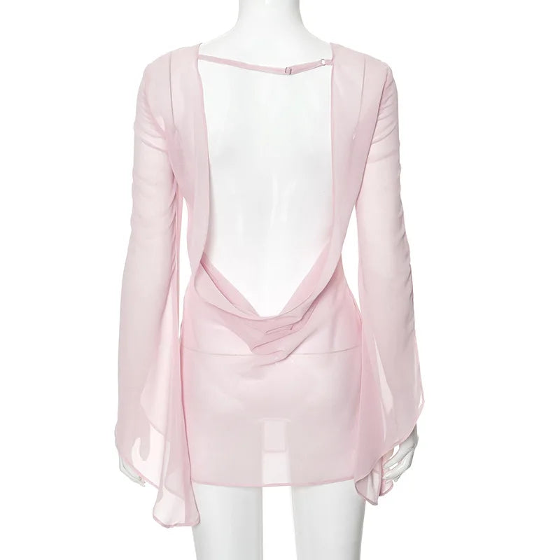 Womens Dresses Spring 2026 New Sexy See Through Backless Low Chest Mini Dress Streetwear Fashion Lace-up Long Sleeves Lady Dress