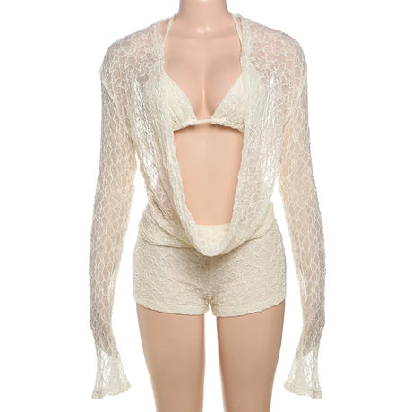 Women's Summer Solid Lace Cami Bra Cowl Neck Long Sleeve Top Shorts Set Fashion Casual Outfit Two Piece Set Women Sexy Club