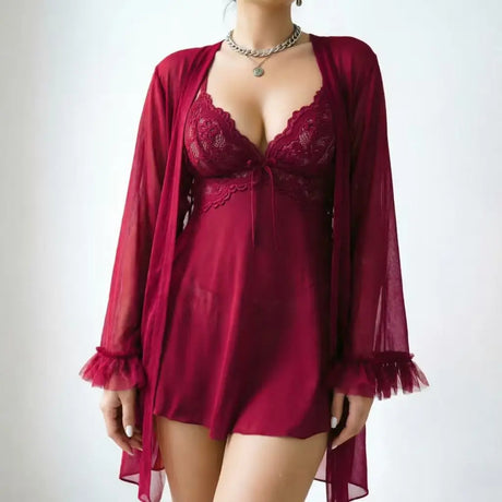 Women White Floral Sheer Mesh 3 Piece Lingerie Robe Set Ruffle Sleeve Front Robe V Neck Nightgown Matching Thong Sleepwear MQ1I