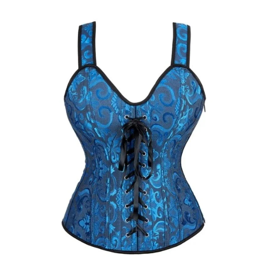 Gothic Corset Top With Straps Sexy Floral Zipper Brocade Overbust Lingerie Burlesque Body Shaper Lace Up Bustier Plus Size