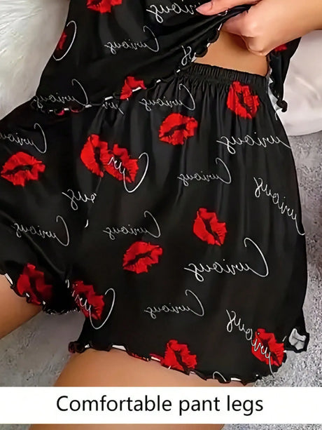 Women's 2 Pieces Set Pajamas Lettuce Frill Trim Camisole Shorts Sexy Lip Print Scoop Neck Cami Backless Top Ice Silk Comfortable