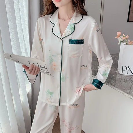 Satin Silk Pajamas for Women's Set pyjamas Button Pigiama Donna pjs Winter Mujer Pijama Sleepwear Nightwear woman 2 piece set