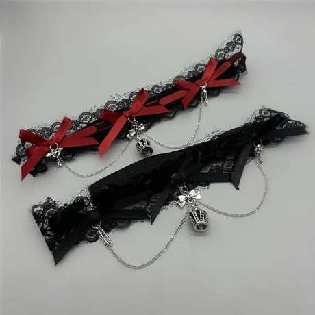 Dark Lolita Red Black Lace Crown Thigh Garter Gothic Bowknot Leg Chain JK Elastic Adjustable Thigh Ring Leg Harness Accessory